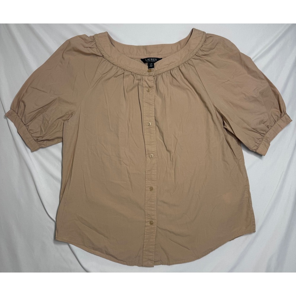 Lauren Ralph Lauren Cotton Broadcloth Puff-Sleeve Shirt Sleeve Tan Blouse Large